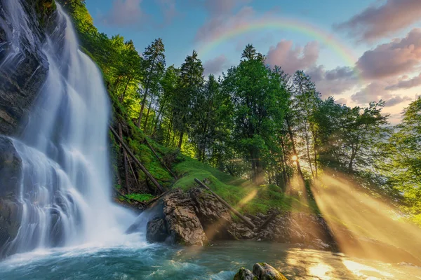 Beautiful View Waterfall Rocks Going Forest Sunny Day — Stock Photo, Image