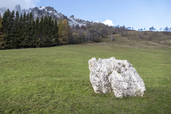 Paisaje Roca Blanca Campo Verde Con Árboles Fondo — Foto de Stock