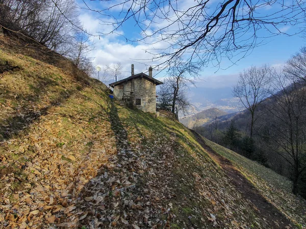 背後に山のある裸の秋の木々に囲まれた丘の中腹にある古い家 — ストック写真