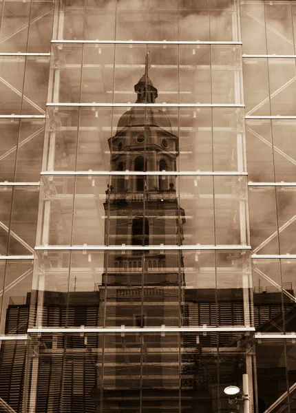 Bell Tower Reflecting Modern Glass Business Building — Stock Photo, Image