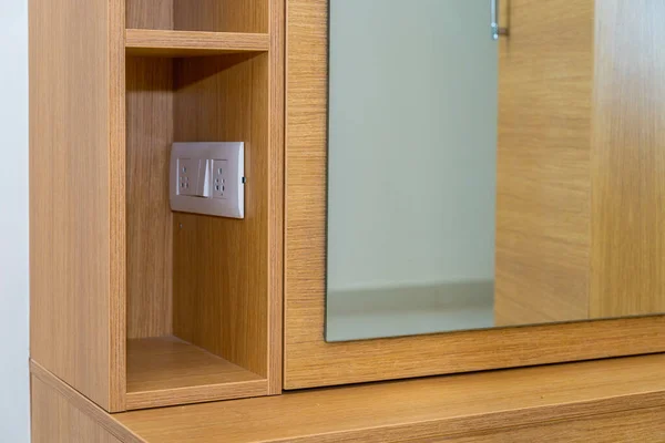 Closeup Electric Socket Wooden Wall Cabinet — 스톡 사진
