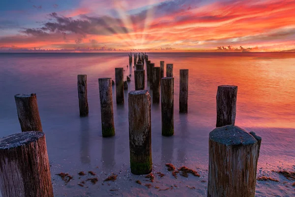 Красивый Вид Куски Дерева Песке Океане Время Заката — стоковое фото