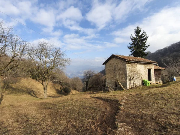 Eine Scheune Auf Einem Mit Gras Und Bäumen Bedeckten Hügel — Stockfoto