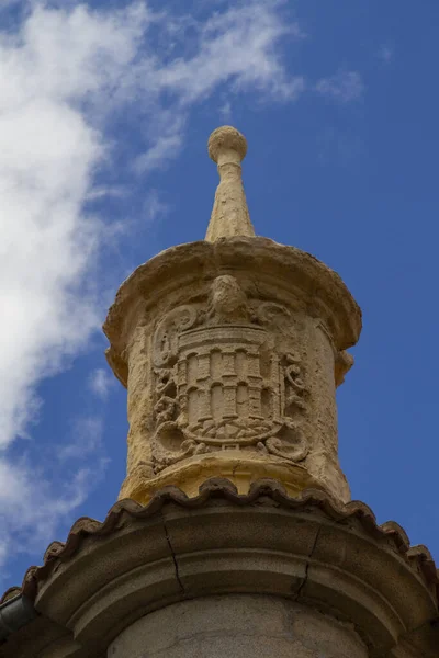 Vertical Shot Ancient Tower Top Crafted Coat Arms — 스톡 사진