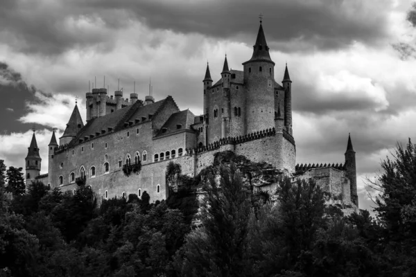 Grayscale Shof Segovia Fortress Segovia Spain Gloomy Sky — Stock Photo, Image