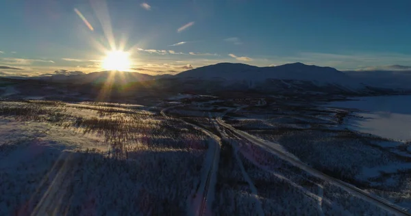 Aerial Drone Shot Polar Road Abisko Village Tornetrask Lake Mountains —  Fotos de Stock