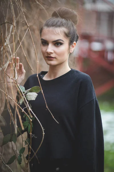 Young Bosnian Woman Bun Hairstyle Makeup Posing Dried Branches — 스톡 사진