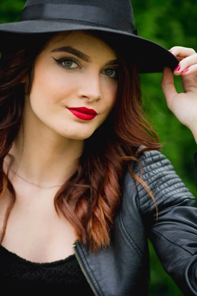 Young Bosnian Woman Red Lipstick Hat Smiling — стоковое фото