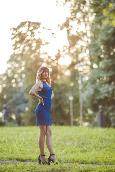 Eine Vertikale Aufnahme Einer Bosnischen Frau Einem Blauen Kleid Park — Stockfoto