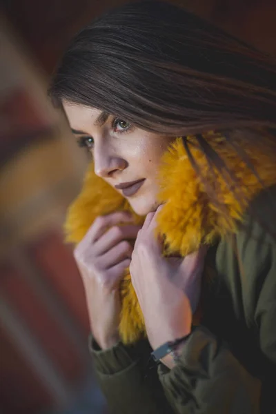 Una Atractiva Hembra Caucásica Pelo Castaño Una Chaqueta Invierno Posando —  Fotos de Stock