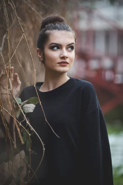 Een Jonge Bosnische Vrouw Met Een Knot Kapsel Make Poseren — Stockfoto