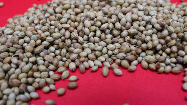 Closeup Dry Coriander Seeds Red Surface — Stock Photo, Image