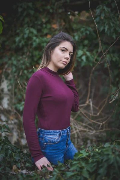 Vertical Shot Beautiful Caucasian Woman Wearing Burgundy Blouse Posing Park — Stock Photo, Image