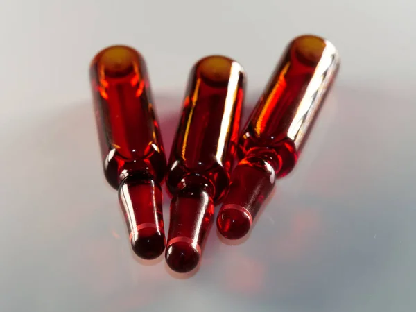 Selective Focus Shot Three Red Ampoules Isolated White Background — Stock Photo, Image