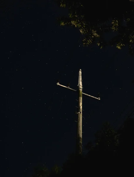 Poste Electricidad Con Cables Por Noche —  Fotos de Stock