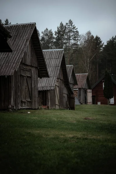 森の近くに建てられた小さな木造古民家の横からの眺め — ストック写真