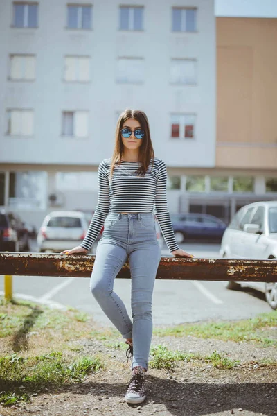 Vertical Shot Pretty Female Casual Clothes Posing Outdoors Stree — Stock Photo, Image