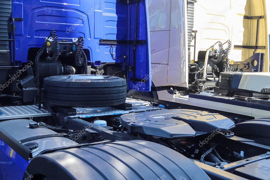 KIEL, GERMANY - Apr 16, 2021: Close up view at new Volvo trucks waiting at a parking area