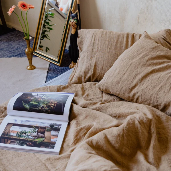 Acogedor Dormitorio Interior Con Una Revista Cama —  Fotos de Stock