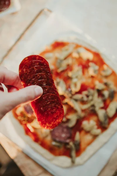 Process Making Homemade Pizza Salami — Stock Photo, Image