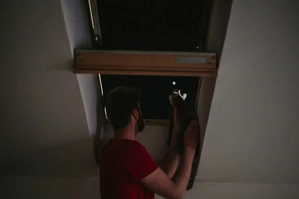 屋根の窓の近くで猫を飼っている男が星を見る — ストック写真
