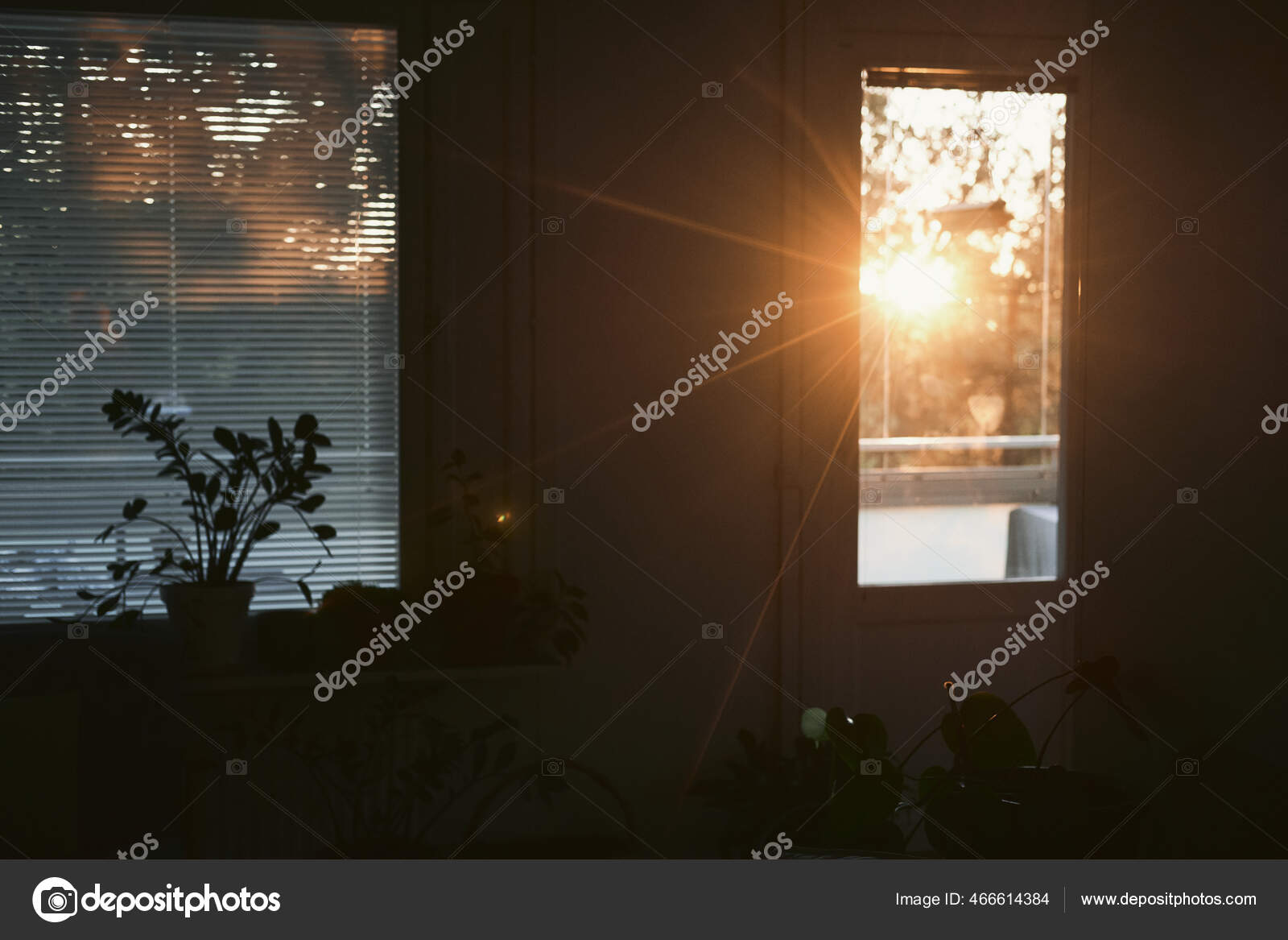 Крупный План Солнечных Лучей Заката Проходящих Через Окно Двери.