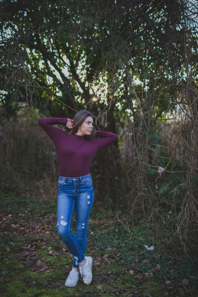 Shallow Focus Pretty Young Woman Purple Mock Neck Sweater Posing — ストック写真