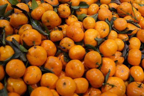 Horizontaler Hintergrund Orangefarbener Frischer Reifer Clementinen Mit Grünen Blättern — Stockfoto