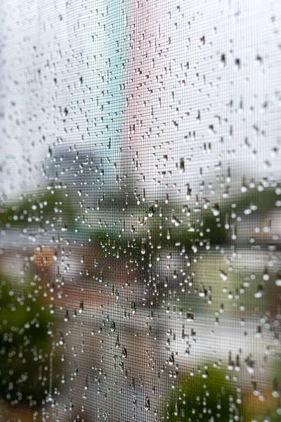 Ένα Κοντινό Πλάνο Των Φρέσκων Καθαρών Σταγονιδίων Βροχής Στην Οθόνη — Φωτογραφία Αρχείου