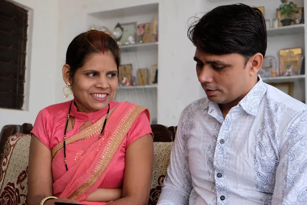 Shallow Focus Indian Couple Talking Each Other While Sitting Couch — 스톡 사진