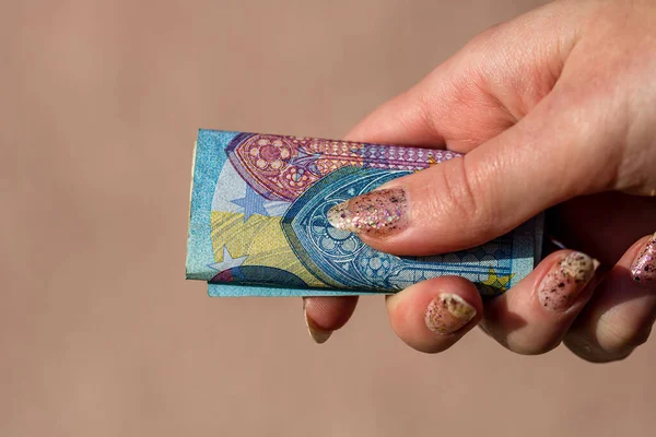Closeup Female Hand Giving Euro Banknotes World Money Inflation Economy — Stock Photo, Image