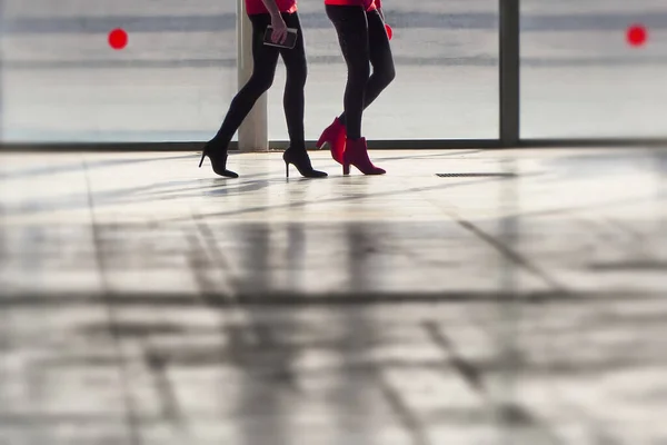 Пара Женщин Ходящих Высоких Сапогах Ноги Показывают — стоковое фото