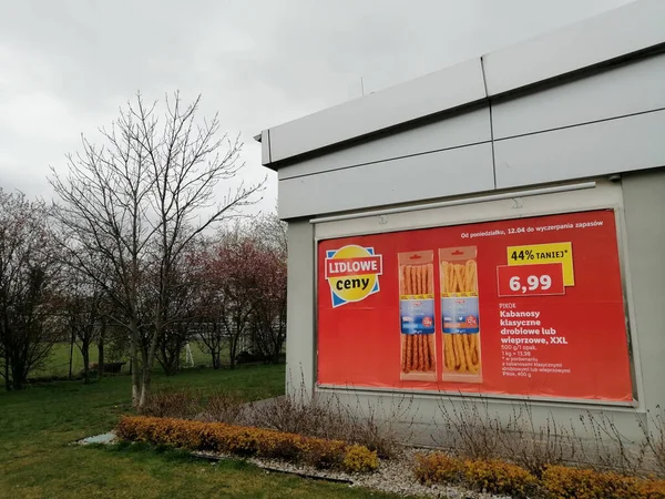 Poznan Poland Apr 2021 Polish Lidl Advertising Poster Sausage Offer — 스톡 사진