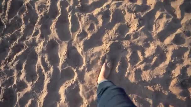 Horní Pohled Člověka Který Kráčí Bosý Písku — Stock video