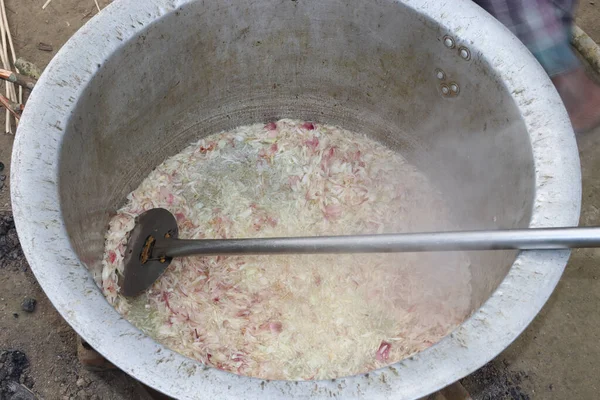 Closeup Chopped Fresh Onions Being Cooked Big Steel Cooking Pot — Stock Photo, Image