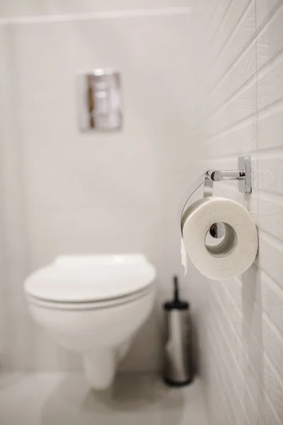 Pionowe Ujęcie Rolki Papieru Toaletowego Ścianie Toalecie — Zdjęcie stockowe