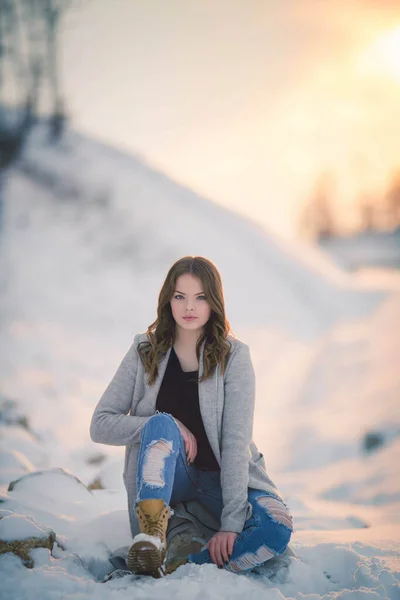 Divoce Vypadající Krásná Bosenská Běloška Šedém Kabátě Zimní Krajině — Stock fotografie