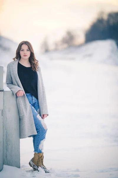 Fierce Looking Beautiful Bosnian Caucasian Woman Gray Coat Winter Landscape — Stock Photo, Image