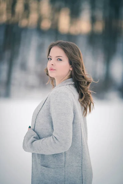 灰色のコートを着て 雪に覆われた森の中にポーズをとっている若い女性の浅い焦点 — ストック写真