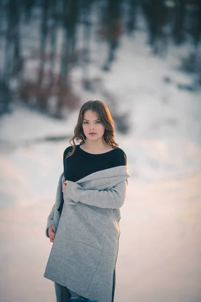 Krásná Bosenská Běloška Šedém Kabátě Hledící Kamery Vážnou Tváří Sněhu — Stock fotografie