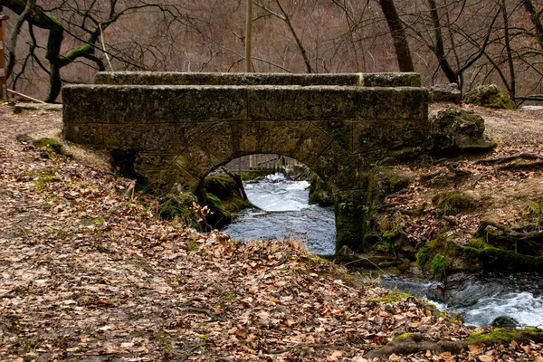 Viejo Puente Sobre Estrecho Río Bosque Otoñal — Foto de Stock