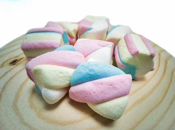 Closeup Shot Colorful Delicious Marshmallows Wooden Board — Stock Photo, Image