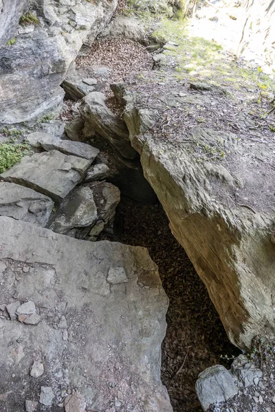 Disparo Vertical Rocas Afiladas Una Cueva Bosque Con Guijarros Polen — Foto de Stock