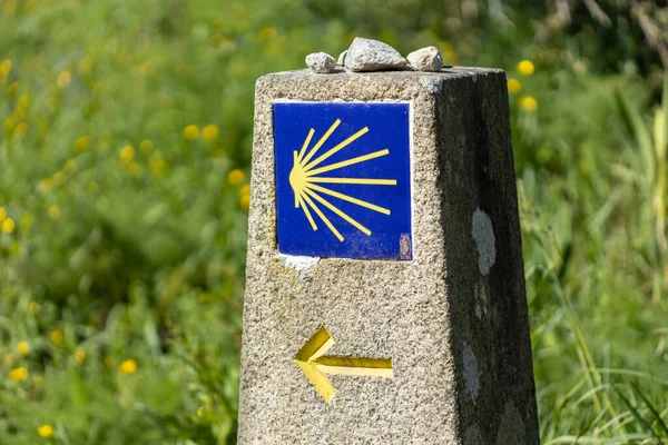 Camino Santiago Sign Stone Monolith Green Grass Background Pilgrimage Sign — Stock Photo, Image