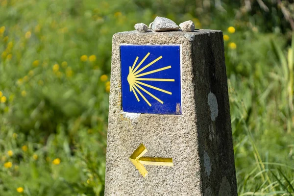 Camino Santiago Υπογράψει Πέτρα Μονόλιθο Πράσινο Φόντο Γρασίδι Προσκύνημα Στο — Φωτογραφία Αρχείου