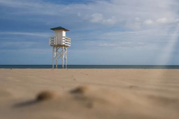 Hermosa Vacía Playa Ciudad Gandia España Contra Cielo Azul Con — Foto de Stock