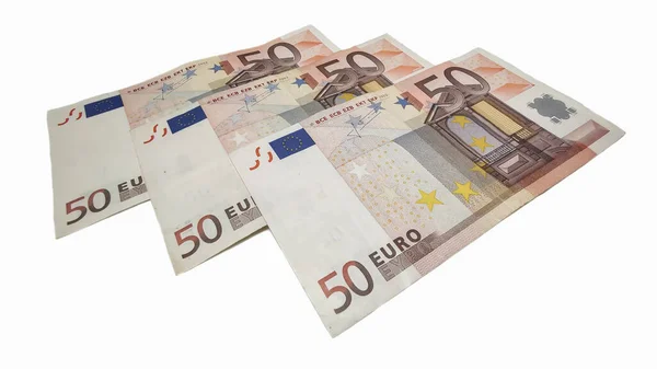 Duże Ujęcie Niektórych Banknotów Euro Gotówce Białej Powierzchni — Zdjęcie stockowe