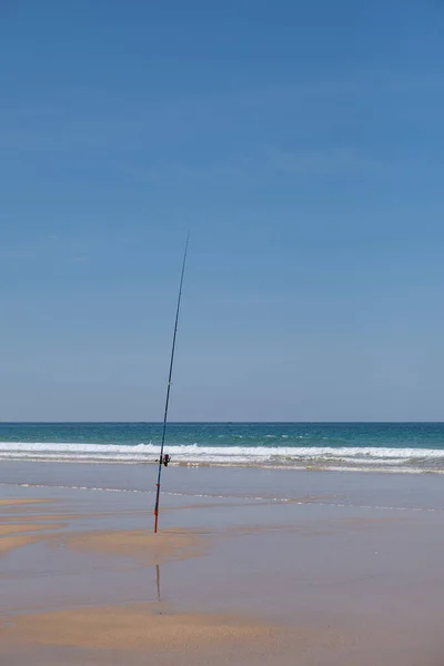 Vertical Shot Fishing Rod Holder Sandy Shore Blue Sky — Stock Photo, Image