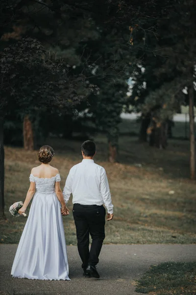 Magnifique Couple Mariage Tenant Main Promenant Dans Parc Soir — Photo