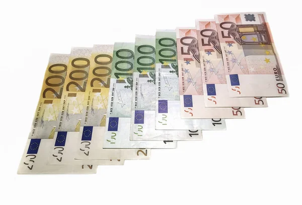 Высокий Угол Выстрела Банкнот Евро Наличными Белой Поверхности — стоковое фото